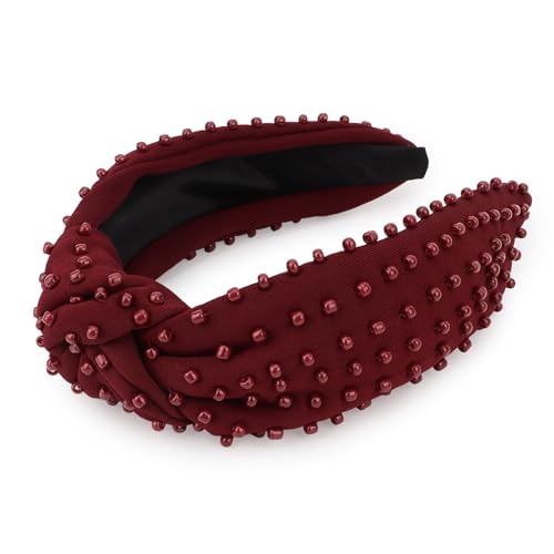 YISSION 1PC Beaded Knotted Headband Wide Jeweled Headbands for women Non Slip Embellished Hairband Dark Red Head Band Hair Accessories for Women Girls - color: Dark Red