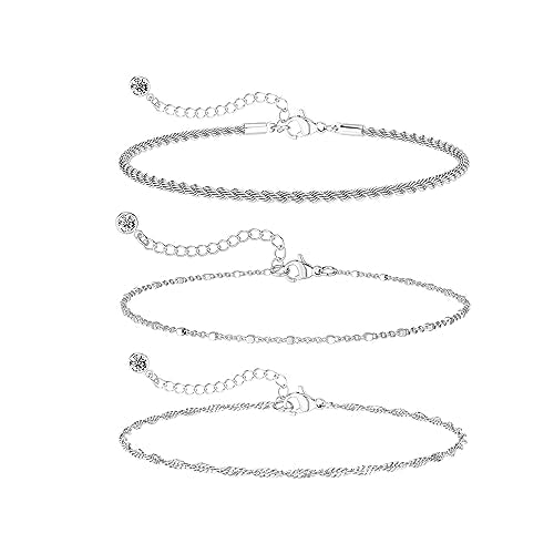 DEARMAY Sterling Silver Plated Bracelets Set for Women Waterproof, Non Tarnish Sterling Silver Link Chain Bracelets Pack Dainty, Fashion Jewelry Gifts for Everyday Comfortable - color: 3Pcs Silver Bracelet A