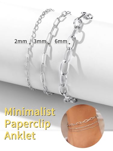 ChainsHouse Ankle Bracelets for Women, Stainless Steel Chain Anklets Waterproof, Women Summer Beach Jewelry Gift, Come with Box - color: 03. 3Pcs-(2+3+6mm)-Paperclip-Steel