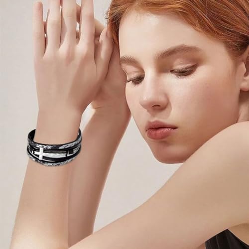 Leather Wrap Bracelets Cross Bracelets Trendy Layered Bracelet for Women Stackable Bracelet Jewelry Birthday Christmas - color: black