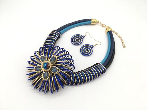 Statement African Necklace For Women African Jewelry Costume Earring Sets Tribal Fashion Colorful Big Rhinestone Crystal Pendent Collar Choker Bold Chunky Bib Handmade - color: Flower blue