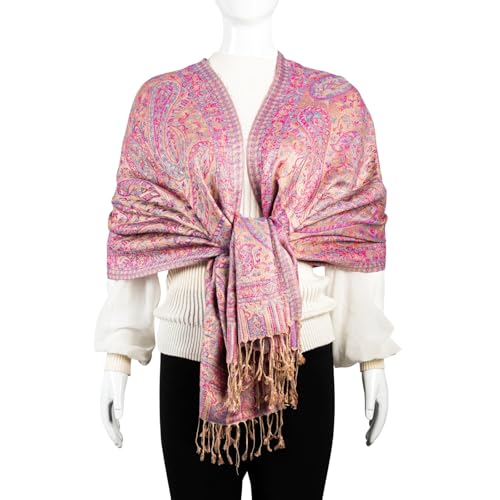 AUSEKALY Pashmina Feel Shawls Wraps for Women Rave Scarf Soft Silky Reversible Men Scarves - color: Pink Beiga