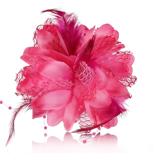 4.72 Inches Elegant Hair Clip Large Flower Brooches for Women | Flower Mesh Ponytail Holder & Hair Clips for Wedding | Charming Floral Lapel & Brooch Pins for Women Fashion (Pink) - color: Rose Red