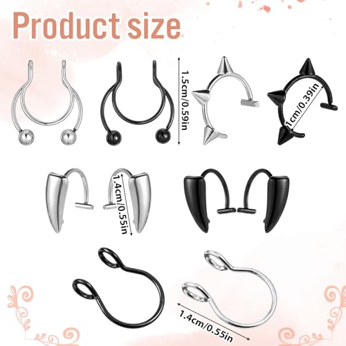 10PCS Fake Septum Rings Stainless Steel Fake Lip Ring Clip on Septum Piercing Adjustable Non-Piercing Lip Piercing Jewelry Double Hoop Nose Ring Clip On Helix Cartilage Hoop Earring Cuff for Women Men
