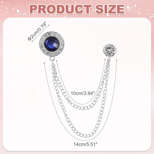 PATIKIL Gem Chain Brooch Pins, Hanging Chain Brooch Suit Pin Tassel Chain Round Crystal Badge Lapel Collar Pins for Men Shirts - color: Silver Tone(Blue)