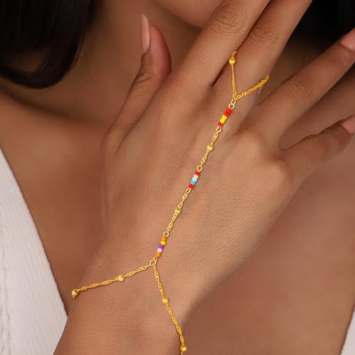 Hand Chain Bracelets for Women - 14K Real Gold Plated Dainty Stackable Paperclip Link Bracelets Hand Chain Bracelet Ring Gold Bracelets for Women Trendy - color: Colorful Singapore Baed Hand Chain