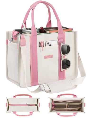 FIORETTO Women’s Canvas Tote Bag Purse with Zipper, Multi Compartment & Reinforced Bottom, Ideal for Work, Bible, Travel - color: Beige & Pink, size: Large, style: Built-in Organizer