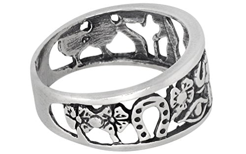 Lucky Ring Sterling Silver Oxidized Good Luck Elephant Clover Horseshoe Owl Seven Evil Eye 4 Leaf