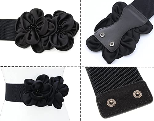 ALAIX Women's Wide Belt Stretchy Chunky Waist Belt Dress Belts Big Flower Cinch Belts Elastic Belts for Women - color: Black, size: Fits Waist (43~48 inches)