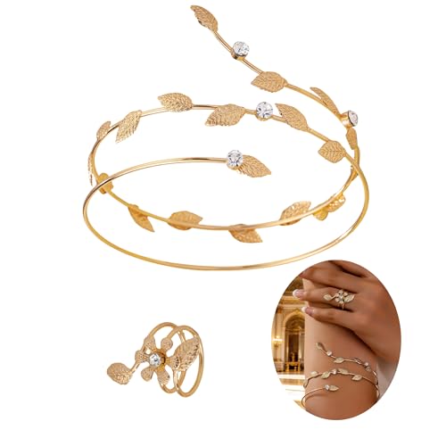 Gold Arm Cuff with Ring, 2 Pcs Open Upper Arm Bracelet and Ring with Rhinestones, Adjustable Metal Armband Jewelry Set - color: Leaves