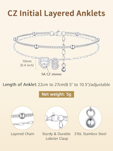 FindChic Silver/14K Gold Plated Layered CZ Initial Ankle Bracelet for Women | Waterproof Stainless Steel, Cubic Zirconia Letter Charm, Non-Tarnish, Hypoallergenic, Adjustable Extender, Summer Jewelry - color: Silver-CZ Heart, size: B