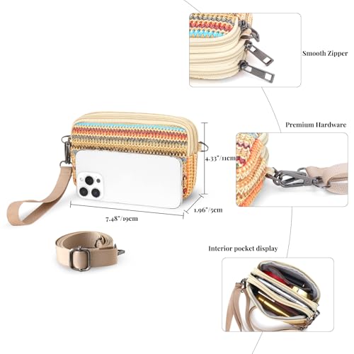 Small Wristlet Wallet for Women, 3-Zip Crossbody Phone Purse - color: Sunset Stripe/Pp Straw