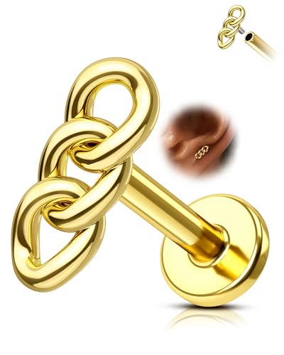 Metal Chain Cartilage Earring – Internally Threaded Flat Back Stud in Silver & Gold 16G 8mm Helix, Conch, Tragus Jewelry - color: WG-8MM