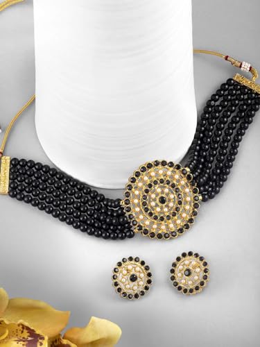 Aheli Pearl Diamond Choker Necklace & Round Earrings Gift for Women Indian Traditional Bollywood Fashion Bharatanatyam jewellery set - color: Black