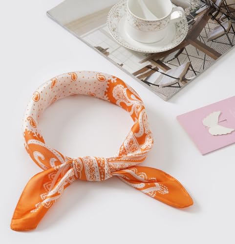 CHUNG Women's Scarf Hair Bandanas Square 27.5" Satin Wrap Fashion Pattern Scarves Emulation Silk Handbag Ribbons Necktie - color: Orange Paisley
