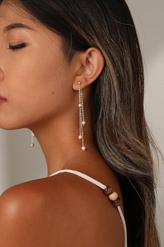 NECOCY Gold Dangle Earrings for Women Non Tarnish 14K Gold Plated Drop Wedding Hypallergenic Earring Dainty Long Hanging Chain CZ Pearl Threader Earrings Trendy Silver Plated Jewelry for Women - style: Gold&Style19