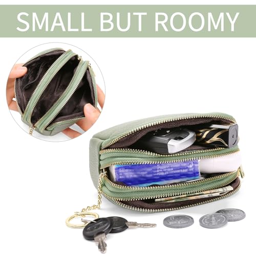 SENDEFN Small Coin Purse Leather 3 Zippered Change Pouch Wallet with Key Ring for Women - color: 1-Green