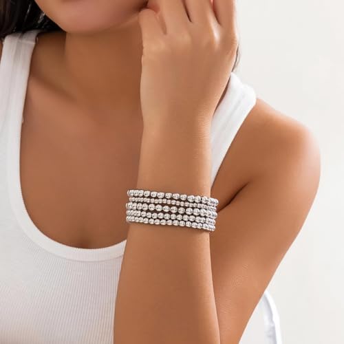 7PCS Layered Beaded Bracelets Set for Women Trendy Stretch Elastic Round Ball Beads Bangles Boho Chunky Gold Stackable Bracelets Dainty Jewelry for Gifts - color: Silver 5PCS