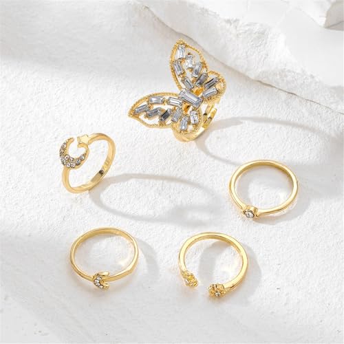 Knuckle Rings Set for Women,Simple Dainty Stackable Finger Ring Pack Minimalist Cute Butterfly Moon Heart Rings Boho Statement Jewelry Size Mixed - style: Style-D
