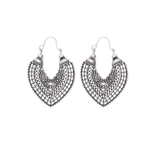 Boho Antique Carved Flower Dangle Drop Earrings for Women Vintage Retro Handmade Hollowed Antiqued Bronze Floral Shaped Geometric Gold Silver Plated Hoop Earrings for Ethnic Style Jewelry Gifts - color: Teardrop silver earring