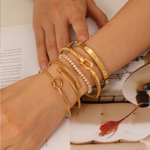 18 K Gold Plated Love Bangle Bracelet Stack Cuff Jewelry for Women Jewelry Set for Women Gift with Box - style: style4