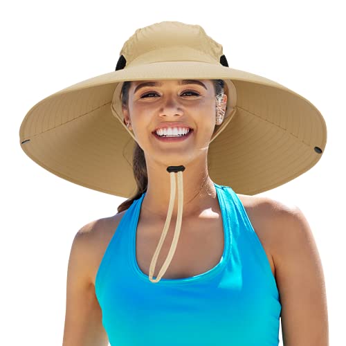 Leotruny Women Super Wide Brim Sun Hat UPF50+ Waterproof Bucket Hat for Fishing, Hiking, Camping - color: Khaki