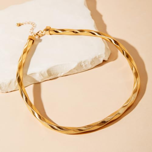 Chunky Gold Collar Choker Statement Necklace for Women Trendy | Gold Plated Layered Twist Flat Thick Snake Herringbone Chain African Torque Necklace Prom Boho Necklaces Party Jewelry Gift - style: Twist Link Chain/Gold