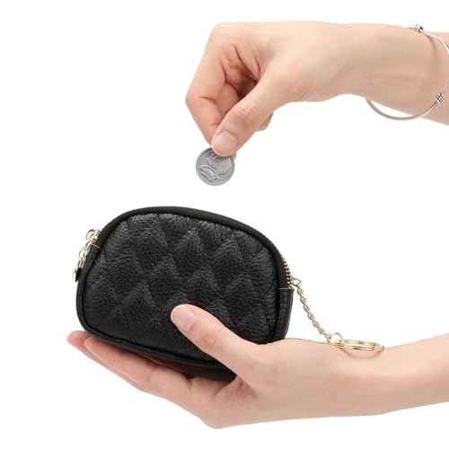 SENDEFN Women's Coin Purse Genuine Leather Wallet Small 2 Zippers Change Pouch Purse with Keychain Ring - color: 2-Black