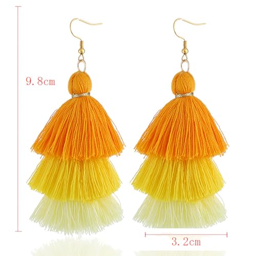 Bohemian Layered Earrings for Women Vintage Three-Layer Ombre Gradient Tassels Earrings Long Statement Tiered Fringe Drop Dangle Earring Elegant Beach Wedding Dangle Earring for Summer Seaside Festivals - color: Yellow