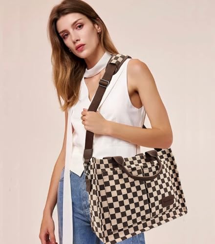 Large Canvas Tote Bag for Women Work Tote Bags with Pockets Laptop Crossbody Purses Everyday Bag Handbags for Travel - color: New Upgrade Plus Brown Checkerboard
