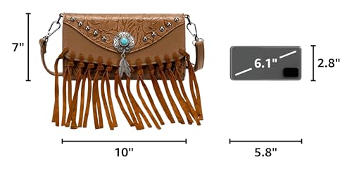 LAVAWA Small Crossbody Bags for Women Crossbody Handbag Fringe Purse Tassel Shoulder Bag Turquoise Concho Wallet - color: Western Brown