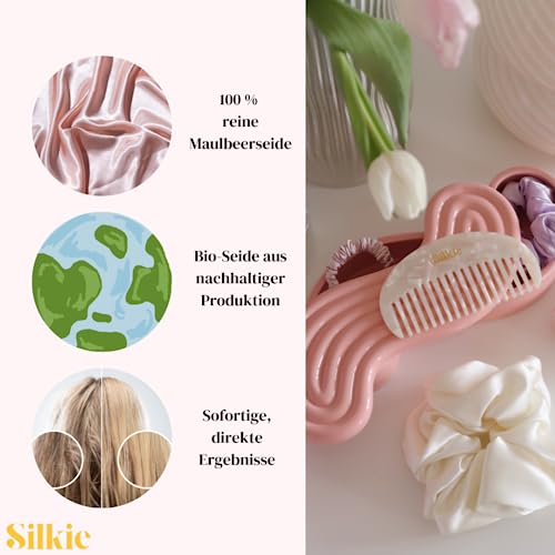 SILKIE x4 Set 100% Pure Mulberry Silk Green Skinny Scrunchies Travel Pouch Everyday Hair Ties Elastics Hair Care Ponytail Holder No Damage (Emerald) - color: Emerald