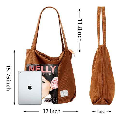 KALIDI Women Corduroy Tote Bag Zipper Casual Tote's Handbag Big Capacity Shoulder Bag with Pockets - color: White+black