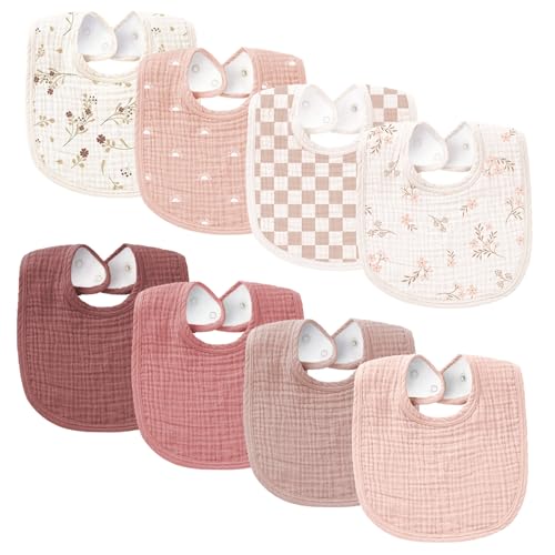 Konssy Muslin Baby Bibs 8 Pack Baby Bandana Drool Bibs Cotton for Unisex Boys and Girls, Soft Absorbent Set for Teething and Drooling - color: Mauve