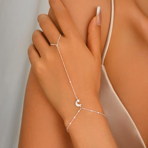 925 Sterling Silver Hand Chain Bracelet for Women,Non Tarnish 14k Gold Plated CZ Crystal Heart Starburst Ring Bracelets Hand Chain Dainty Diamond Layered Stackable Link Chain Beach Waterproof Graduation Wedding Gifts - color: SilverE
