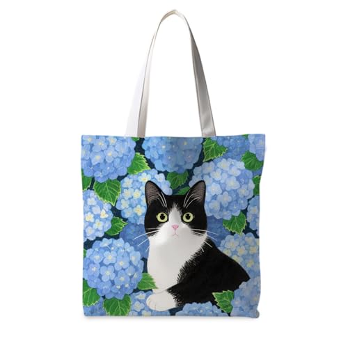 Preppy Animal Tote Bag, Pet Canvas Tote Bag, Reusable Grocery Shopping Shoulder Bags - color: Floral Cat