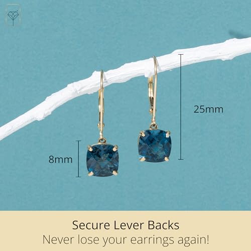 14k White or Yellow Gold Cushion Cut Gemstone Dangle Earrings for Women with 8mm Birthstones by MAX + STONE - color: London Blue Topaz