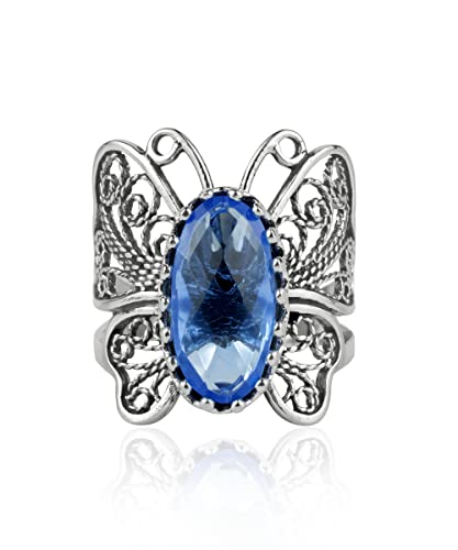 Filigranist Sterling Silver Filigree Art Butterfly Women Cocktail Ring with Gemstones - color: Blue Quartz
