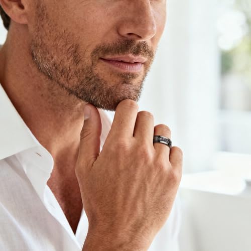 Vakki Personalized Black Tungsten Ring for Men Women Wedding Band Meteorite Inlay Custom Engraved Engagement Ring Polished Domed Comfort Fit Size 7-12 - color: C-Customized