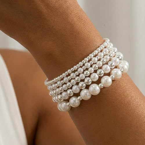 14K Gold Plated Beaded Bracelets Stack Set for Women,Stretch Boho Colorful Beads Ball Jewelry Friendship Summer Trendy - color: Silver pearl