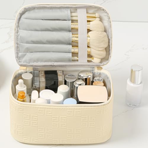 Meiyuuo Makeup Bag Large Cosmetic Bags for Women Girls Cute Travel Zipper Pouch Toiletry Organizer for Beauty Essentials Waterproof (Light Beige) - color: Embossing Beige