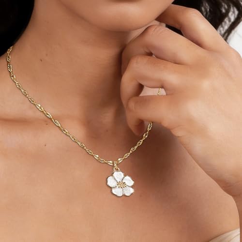 Gold Necklace for Women, Dainty White Enamel Sakura Flower Cherry Blossom Pendant, 18K Gold Plated Sparkly Jewelry Gifts for Her