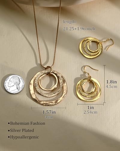 Hypoallergenic Silver Circle & Dangle Earrings and Necklace Set for Women Geometric Boho Style Hoop Jewelry for Women-Lightweight & Dangling-Gift for Bohemian Fashionistas - color: Gold