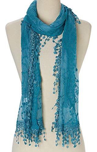 Cindy & Wendy Lightweight Soft Leaf Lace Fringe Scarf Bridal Shawl for Women - color: Blue