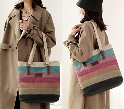 Canvas Handbag Multi-Color Striped Lattice Cross Body Shoulder Purse Bag Tote-Handbag for Women | Striped - style: Multi Color E