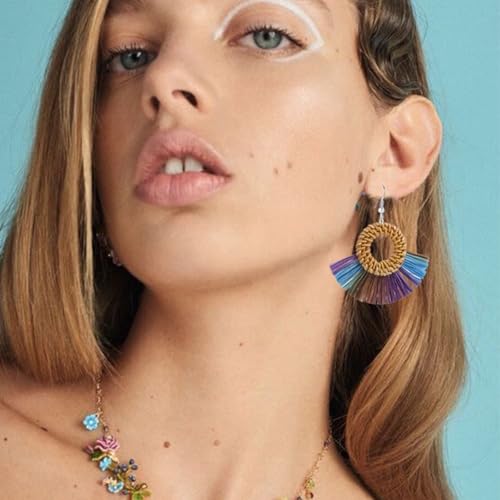 Boho Summer Beach Earrings for Women Lightweight Straw Wicker Earring Statement Raffia Fan Round Tassel Dangle Drop Earrings Hawaii Jewelry - style: Purple Round