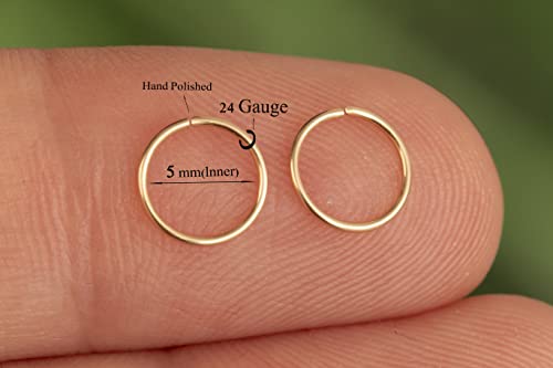 Gold Hoop Earrings Silver Hoop Earrings - Hoop Earrings For Women Two Pcs Of Thin Gold Filled Sterling Silver Hoops, Helix Hoop, Tragus Ring, Cartilage Hoop - color: Gold, style: 5mm 24 gauge / 1 pair