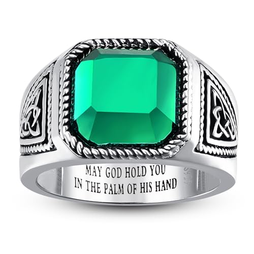 7ct Vintage Teal Turquoise|Emerald|Black Onyx Ring for Men 925 Sterling Silver Men Rings 11mm Square-Cut Mens Cocktail Rings Celtic Pattern Band for Dad Father Size 7-12 - color: Irish Celtic Knot-Simulated Emerald