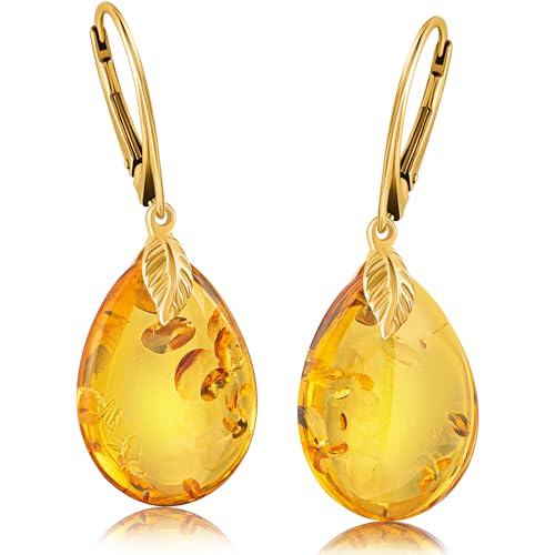 Leverback Dangle Earrings for Women – Gold-Plated 925 Silver Drop Earrings with Natural Yellow Baltic Amber Piece, Lightweight Jewelry with Secure Closure for Everyday Elegance - color: Amber