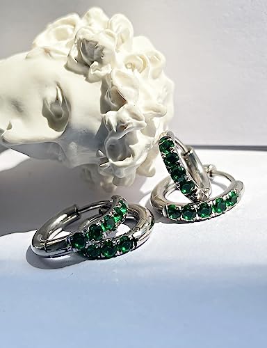 316L Surgical Stainless Steel Huggie Hoop Earrings with Cubic Zirconia, 10G 12G 14G 8-20mm Cartilage Lobe Earrings, 14G Piercing Jewelry - style: 10G 8mm Silver with Green CZ